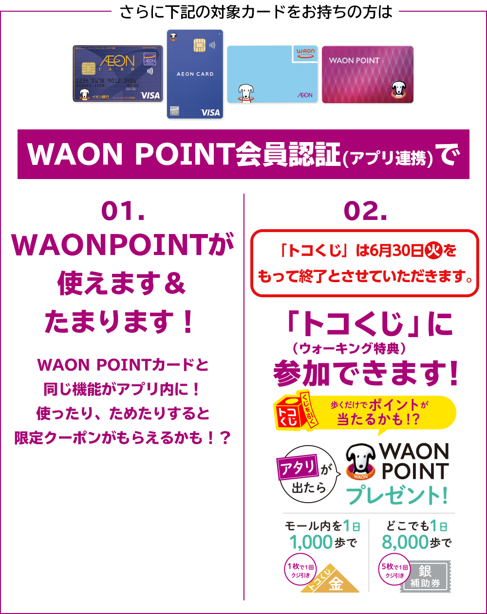 さらに下記の対象カードをお持ちの方はWAON POINT会員認証(アプリ連携)で[01]WAON POINTが使えます＆たまります！WAON POINTカードと同じ機能がアプリ内に！使ったり、ためたりすると限定クーポンがもらえるかも！？[02]「トコくじ」は6月30日(火)をもって終了とさせていただきます。「トコくじ」に(ウォーキング特典)参加できます！