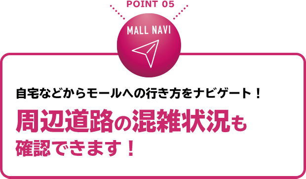 POINT 05 自宅などからモールへの行き方をナビゲート！周辺道路の混雑状況も確認できます！