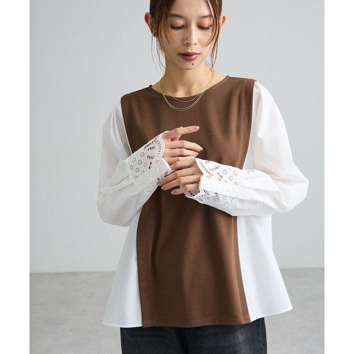袖口スカラップ刺繍ドッキングプルオーバー - グリーン パークス