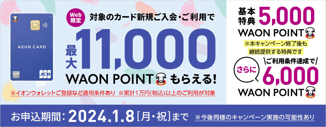 Web限定 対象のカード新規ご入会・ご利用で最大11,000WAON POINTもらえる!