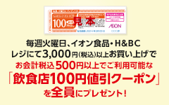 毎週火曜日、イオン食品・H&BCレジにて3,000円(税込)以上お買い上げで お会計税込500円以上でご利用可能な「飲食店100円値引クーポン」を全員にプレゼント!