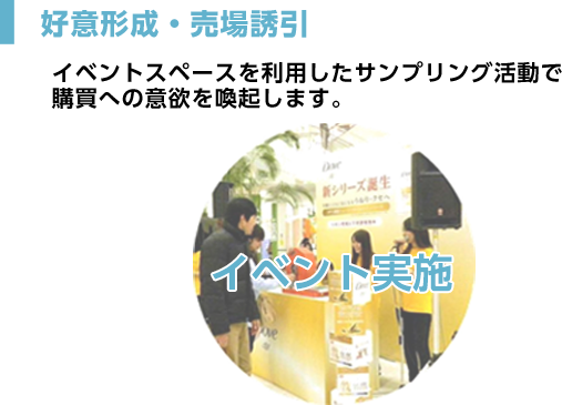 好意形成・売場誘引 イベントスペースを利用したサンプリング活動で購買への意欲を喚起します。イベント実施
