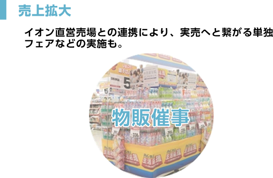 売上拡大 イオン直営売場との連携により、 実売へと繋がる単独フェアなどの実施も。物販催事