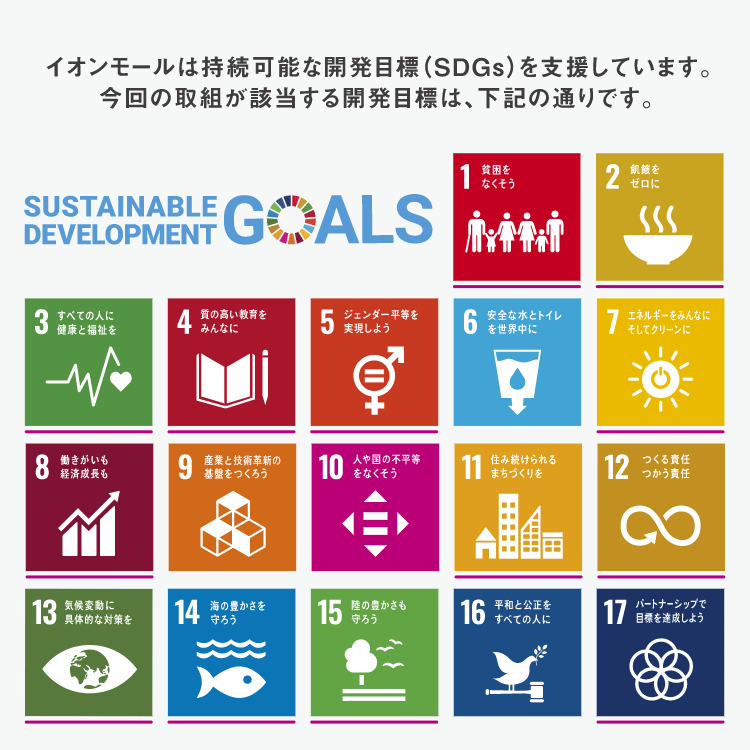 イオンモールは持続可能な開発目標(SDGs)を支援しています。今回の取り組が該当する開発目標は、下記の通りです。