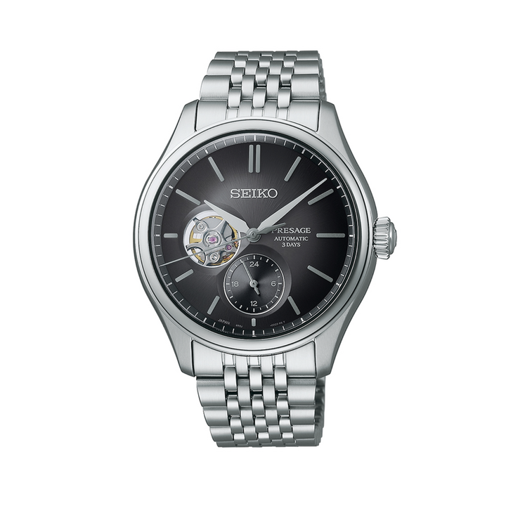 SEIKO プレザージュ 美品 オープンハート メンズ腕時計 自動巻き セイコー プレザージュ クラシックシリーズ 墨色ダイヤル