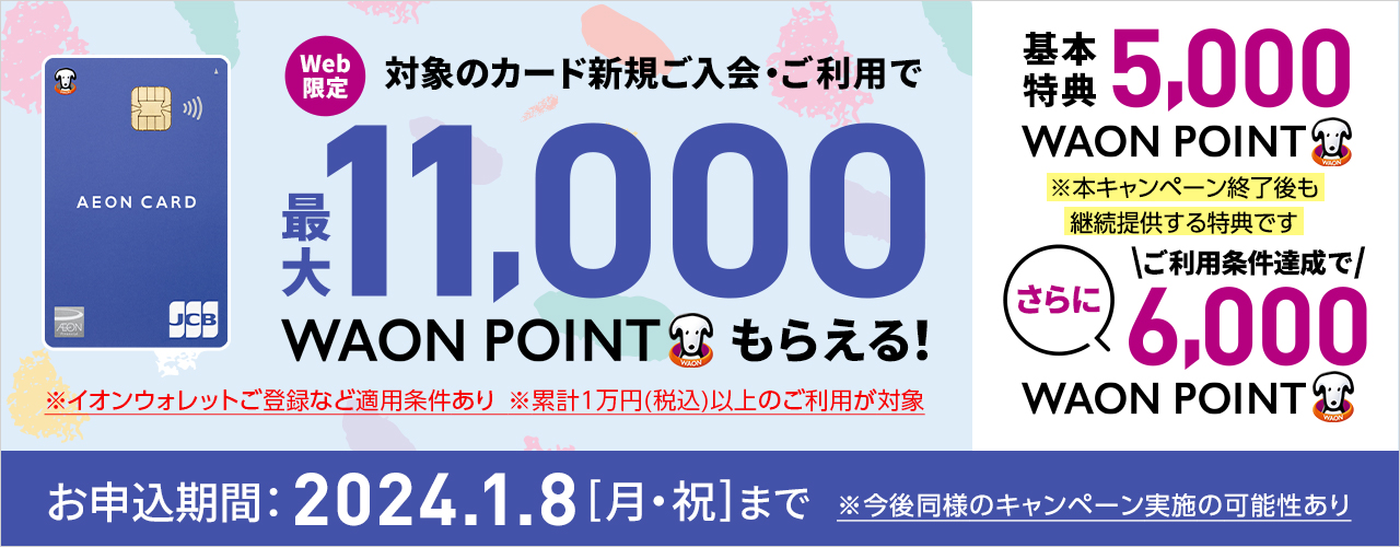 【Web限定】対象のイオンカード新規ご入会・ご利用で最大11,000WAON POINTもらえる!